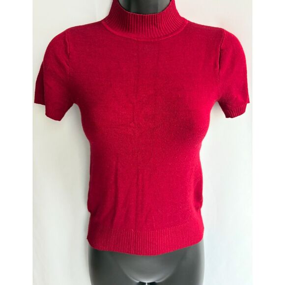 Zara Wine Red Knit Short Sleeve Sweater Size S Mock Neck Basics Closet Staple - Picture 1 of 7